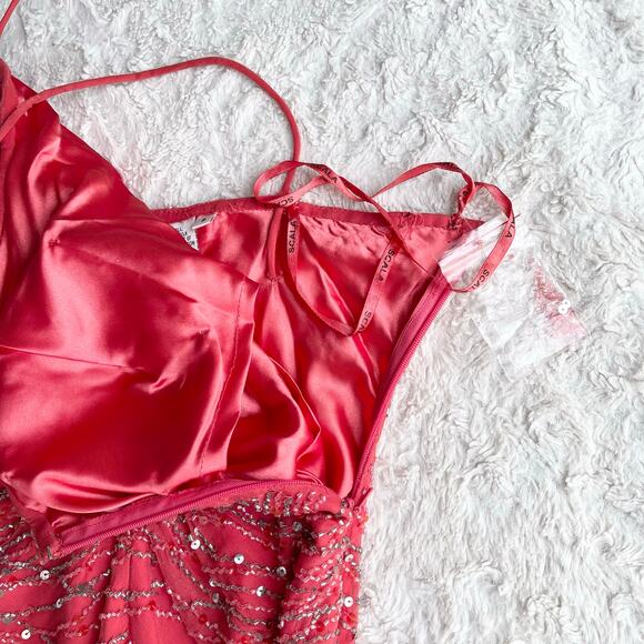 Scala prom dress coral pink 100% silk‎ ruffle hem slip gown beaded sequin formal - Picture 10 of 17